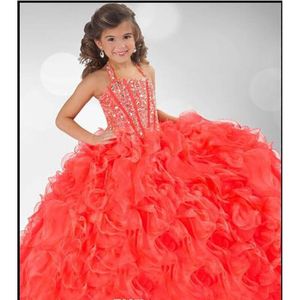 Coral Pagent Grils Halter Ball Gown Organza Crystal Beaded Little Dresses Sparkly Flower Girl's Dress Custom Made