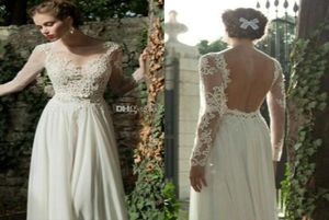 2019 Chiffon Lace Summer Collection Sheer Wedding Dresses Long Sleeves Bateau Backless Floor Length strandklänningar Billiga 3250181