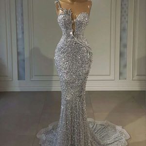 Sier Crystal Evening Dress Lace Beaded Mermaid Sequined Prom Formal Gowns Sheer Neck Robe De Soiree Vestidos Feast Formales