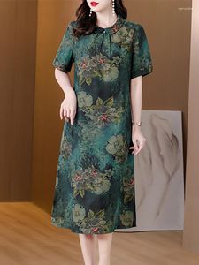 Party Dresses Women Green Floral Silk Short Sleeve Polo Collar Midi Dress 2024 Boho Fashion Light Casual Summer Korean Elegant