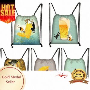 Bolsa de ginástica de gato de gato de cerveja Bolsa de ginástica amarelo 3d impressão de gato mochila feminina lojas portáteis saco de sapatos da escola para menina 49tb#