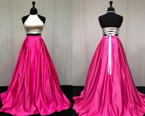 100 Real Image Two Piece Prom Dresses Halter Satin Corset Soe Up Backless Graduation Dresses White Pink Homecoming Dress2677147