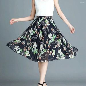Kjolar hög midja a-line blommor kvinnor sommar 2024 dans medium längd tryckt chiffong stora swing faldas kläder för kvinnor