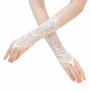 Vita korta bröllopshandskar kvinnor fingerlbridhandskar eleganta strass Vita spetshandskar för brud bröllop accores d6sd#