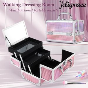 Makeup Case Make Up Box Train Cosmetic Storage Organizer Portable 2 Trays Lockable Mirror Manicure Suitcase for Women 240416