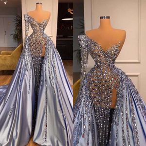 Crystal Gorgeous Evening Pearl Prom Gowns Detachable Train One Shoulder See Through Custom Made Long Sleeve Party Dresses