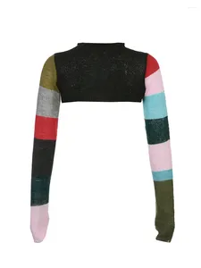 女性のTシャツ婦人Y2Kニットクロップトップスパッチワークかぎ針編みのくぼみホロー長袖のゆるいセーターカーディガン