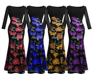 Angelfashions Women039S långärmad rosmönster sequin svart formell klänning aftonklänningar parti prom klänning 3967918466