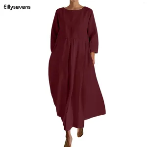 Casual Dresses Vintage Cotton Linen Long For Women Summer Solid Color 3/4 Sleeve Boho Maxi Dress Pocket Loose Tank Plus Size