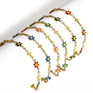 Bağlantı bilezikleri 1 adet dini 304 paslanmaz çelik zincir çapraz papatya çiçek çift taraflı emaye takılar bilezik takı