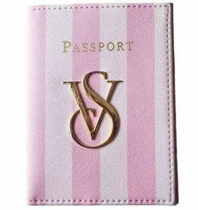 VS Signature Pink White Stripe Passport Card Hülle Halter Brieftasche A5SN#