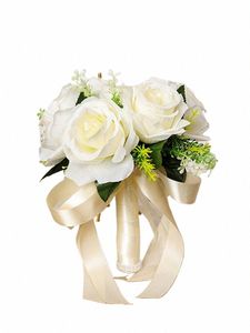 Bouquet per matrimoni in seta in possesso di bouquet per matrimoni rosa naturale artificiale artificiale White Champagne Bridesmaid Bridal Party Z5um#
