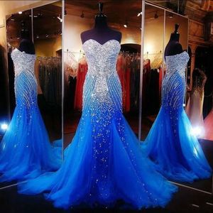 Mermaid Ocean Blue Long Prom Dresses Strapless Beaded Tulle Crystals Sweep Formal Party Evening Gowns Custom Made