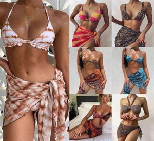 Sexig 3 -bitar Bikini Set med Cover Up Beach Dress Tie Dye Push Up Biquini Brasilianska badkläder Kvinnor Thong Bikinis 2022 Mujer95138632460998