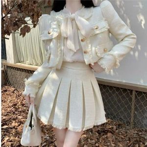 Work Dresses Fashion Women's Autumn Winter Sweet Round Neck Long Sleeve Tassel Button Short Coat High Waisted Pleated Skirt Two-piece Set