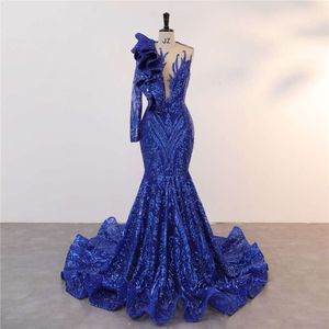 Royal Blue New Dark Green Mermaid Prom Dresses Sparkle Sheer Neck Sleeve paljetter Lace Appliques Ruffles Long Evening Gowns BM