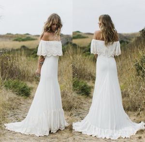 Off Shoulder Beach Wedding Dresses Gowns Lace Sheath Sweep Train Country Chiffon Boho Bridal Gown Custom Made7948883