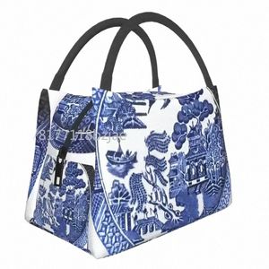 Custom Blue Willow China Lunch Bags Женщины теплоодельные ланч -коробки для пикника для пикника для кулачки поездка C9DP#