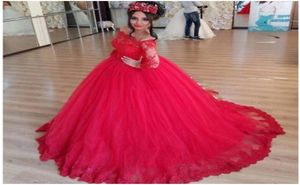 Z czerwonej tiulowej aplikacji koronkowa suknia balowa z długim rękawem Quinceanera Dresse 16 lat imprezy dla dziewcząt3415801