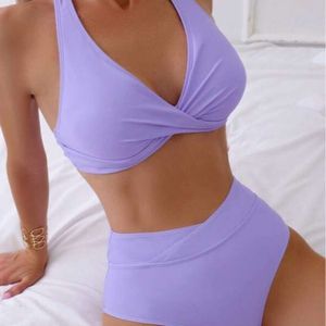 2024 womens swimsuit split two-piece set solid color sexy high waisted neck hanging multi-color bikini