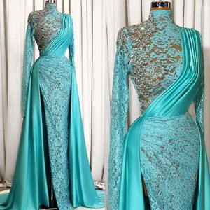 Lace Appliques Graceful Mermaid Evening High Neck Prom Gowns Rhinestone Long Sleeve Custom Made Party Dresses Plus Size