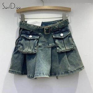 Kjolar soefdioo vintage 3d fickor last denim shorts kjol kvinnor mode hög midja a-line veckad mini 2024 streetwear