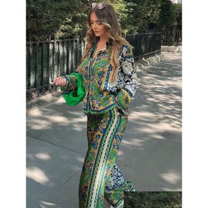 Women'S Two Piece Pants Pyjama Style Wide Leg Sets Shirt And High Waist Trousers Boho Vintage Paisley Print Set Women Clothing 220511 Dhotx