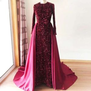 And Elegant Sequined Satin Dresses Evening Wear Jewel Neck Long Sleeves Prom Gowns Sweep Train Mermaid Overskirt Formal Dress