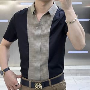 High end ice silk short sleeve shirt men in summer hollow out elastic breathable T-shirt Fashion solid casual brand clothes 240410