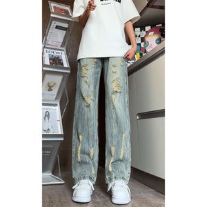 Yaz Amerikan Tarzı Instagram Modaya Modaya Dizy Yeni Sıkıntılı Kotlar Erkekler High Street Gevşek Düz Bacak Geniş Bacak Pantolon DY293-P65