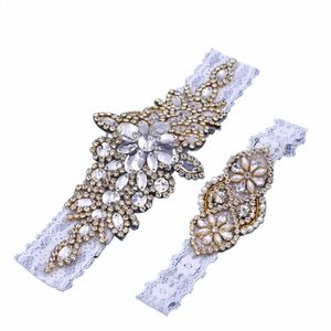 topqueen THS01-G Wedding Garter White Lace Elastic Belt Gold Decorati Sparkly Sexy Female Women Bridal Leg Ring Rhinestes m5Ns#