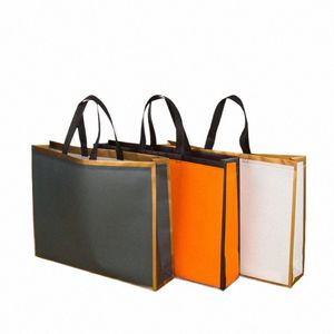 Solid Color Shop Väska med Golden Border Eco-vänligt N-Woven Tyghandväska Tote Återanvändbar livsmedelsbutiker