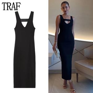 Traf Black Slip Midi Kleider Frau Bodycon Strickkleider für Frauen Strand Rückenfreies weibliches Kleid sexy Sommerkleid Frauen 240411