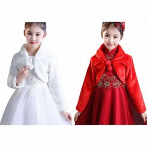 Kinder Prinzes -Verdickte Plüsch Wraps Schal von Mädchen LG Ärmeln Bolero Achselzucken Cape Hochzeits Geburtstagsfeier Jacke mit Pompom Krawatte D9H8#