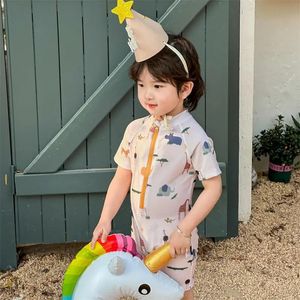 Kids Onepiece Swimsuit Baby Boys Short Sleeve Zipper QuickDry Cute Cartoon Animal Surfing Suit Swimwear Toddler Bathing 240416