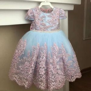 Schöne Babymädchenkleider für Hochzeit rosa Spitzen Applikationen Perlen Blumenmädchenkleider Kurzarm mit Kristallgürtel Kleinkind Abschlussball Kleid