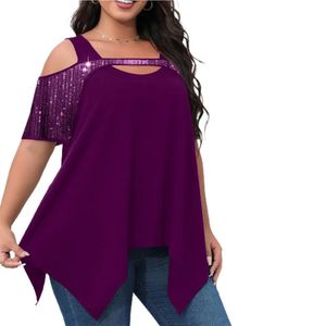 Plus Size TShirt Summer Hollow Out Cold Shoulder Short Sleeve Irregular Hem Solid Color Loose Women Top Streetwear 240412