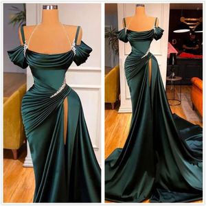 Elegant Fantastisk off-the-shoulder satin sjöjungfrun prom klänning långa rufs med delad pärlstav formell festkvällsklänningar bc11179 SXM21