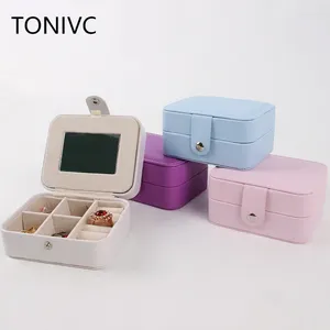 Jewelry Pouches Fashion Square Mini Portable Organizer Display With Mirror Travel Jewellery Case Leather Earring Ring Box