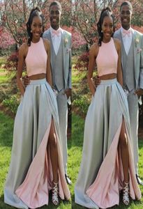 Fashion Two Pieces Prom Dresses Long Formal Two Tone Blush Pink Silver Evening Party Gowns with Sexy Split and Pockets2273815