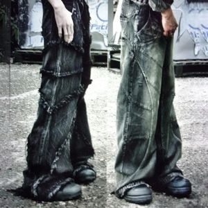 Y2K Tassel Jeans Mens Black Gray Washed Gothic Style Street Trend Teen Clothes Retro Loose Wide Leg Pants 240415