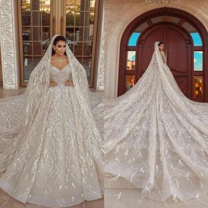 Sparkly Saudi Arabia Ball Gown Wedding Dress Sequins Appliques Off Shoulder Long Sleeve Bridal Gowns Crystal Bride Robes Custom Made S