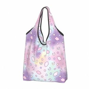 fantasy Clouds Mo Stars Reusable Shop Grocery Bags Foldable 50LB Weight Capacity Tote Bag with Pouch Eco-Friendly Wable h2Lc#