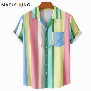 Camisas casuais masculinas camisa havaiana homens listras de arco -íris de arco -Íris de manga curta de manga curta gelo colarinho cubano de seda de caldo de streetwear de rua 24416