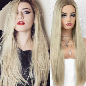 Naturligt baby hår rak blond ombre syntetisk cosplay hand bunden full spets främre peruker värmebeständig fiber party två ton mode