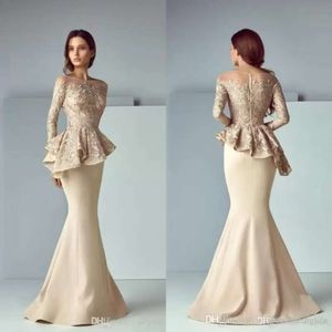 Satynowy szampan koronkowy peplum wieczór formalne ubrania sukienki klejnot dubai arabska arabska sukienka balowa