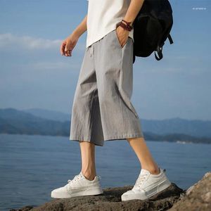 Men's Pants 6 Colors!2024 Summer Cotton And Linen Casual Beach Breathable Shorts Pull Rope Chinese Style Capris