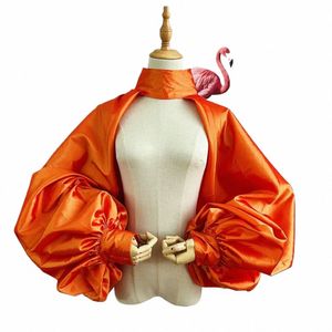 Jaqueta de ouro laranja Fi Mangas Puffy Mush Bolero Shawl Shawl High Neck com Butts Accorors Bridal D9tr#