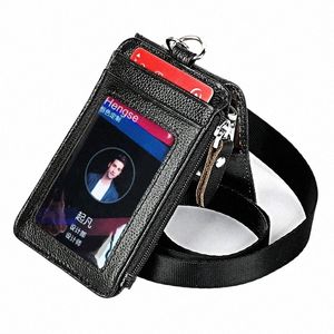 Verkligt läderbusin Arbetsnamn Tag Holder Personal ID Kreditkort Cover RFID Card Holder Purse Badge dragkedja Pouch med Lanyrd M7ff#