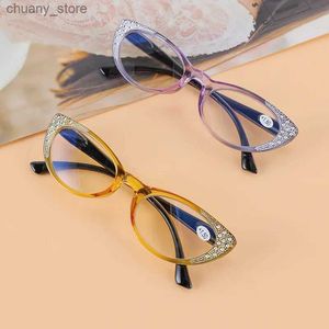 Solglasögon anti Blue Light Eyeglasses Diamond Cat Eye Reading Glasses Women Vintage Frame Fashion Presbyopic Eyewear Diopte +1.0 till +3.5 Y240416